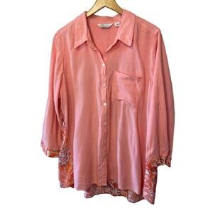 Cafe Marrahcsh 100% Rayon Coral & Floral Classic Collared Button Up Blouse XL